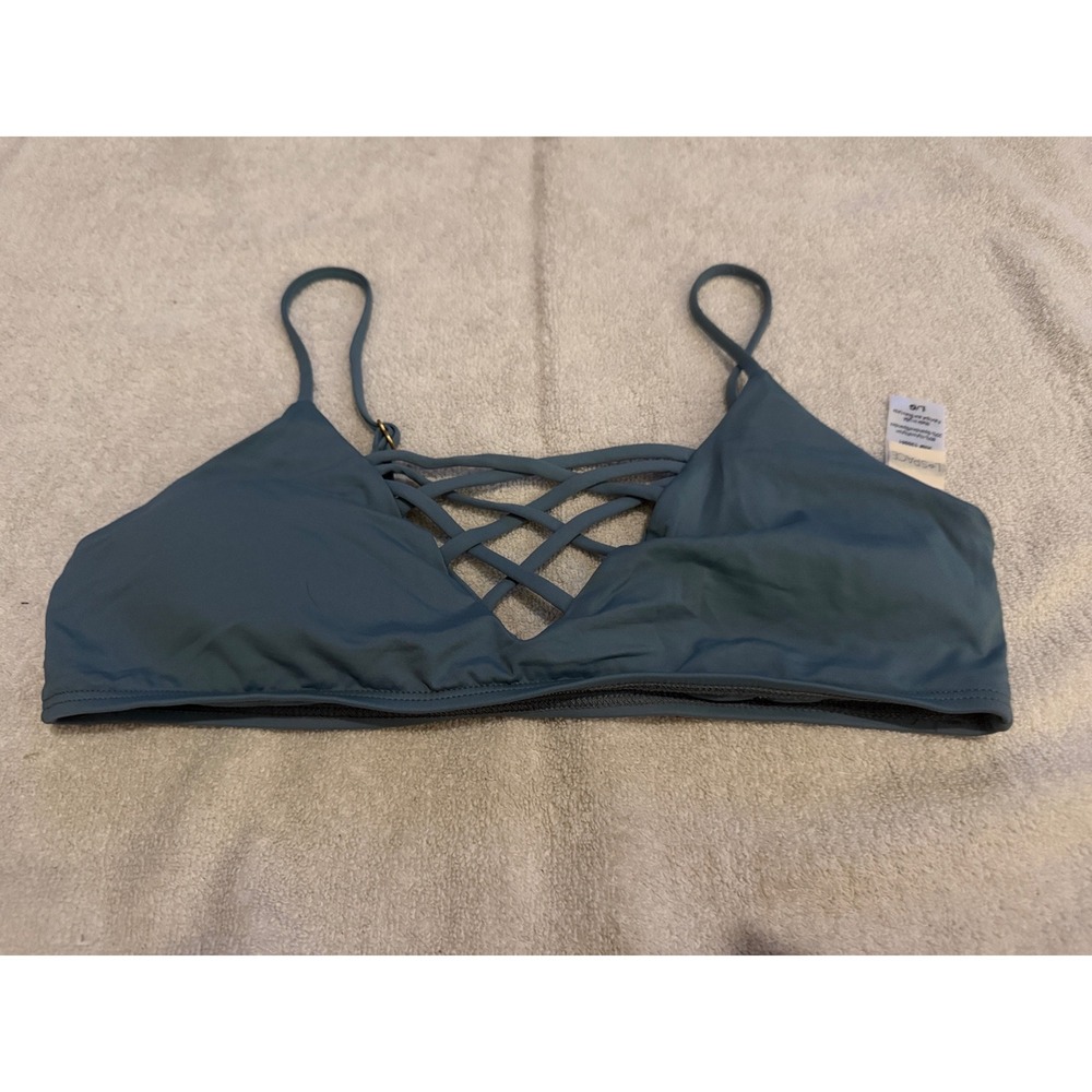 L Space Wild Side Bikini Top Blue Grey Lattice Strappy Bralette Swim L Large